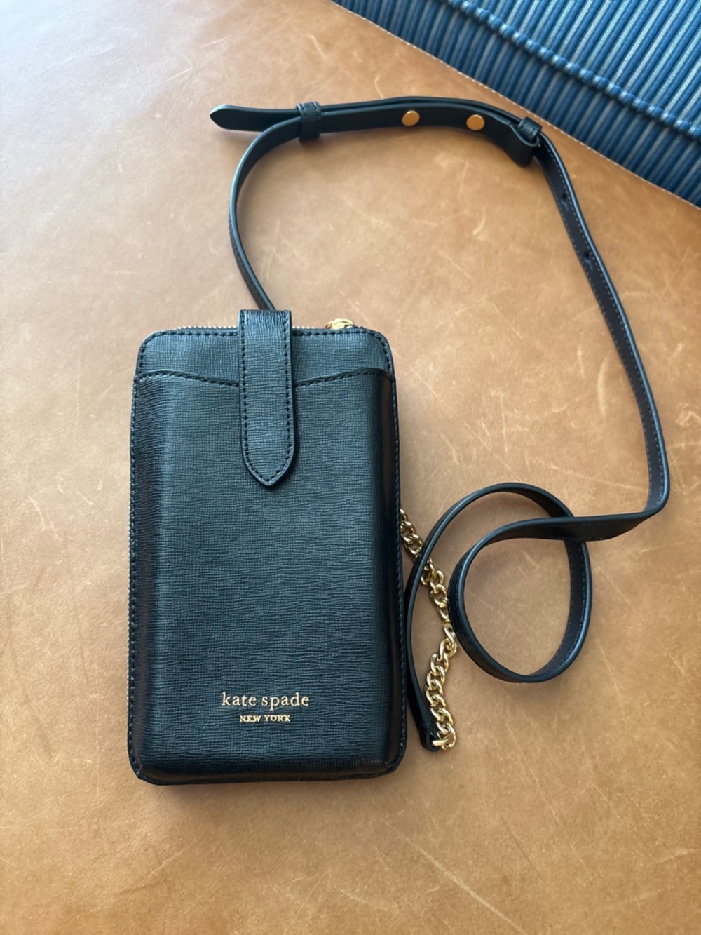 kate spade Black Pebbled Leather Crossbody Phone Pouch with Gold Accents
